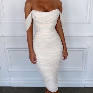 House of CB 'Carlotta' Ivory Ruched Draped Chiffon Midi Dress Womens XS